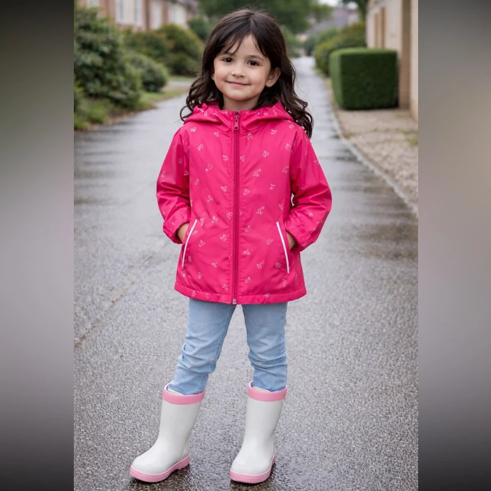 Girls Pink Waterproof Raincoat Hooded Jacket Hearts EU 116 US 5-6